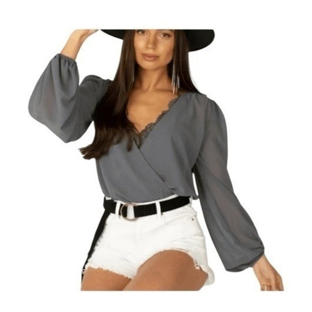 Joyfolie Mia Joy Glennon Surplus Bodysuit Slate Gray Sheer Bubble Long Sleeve XS